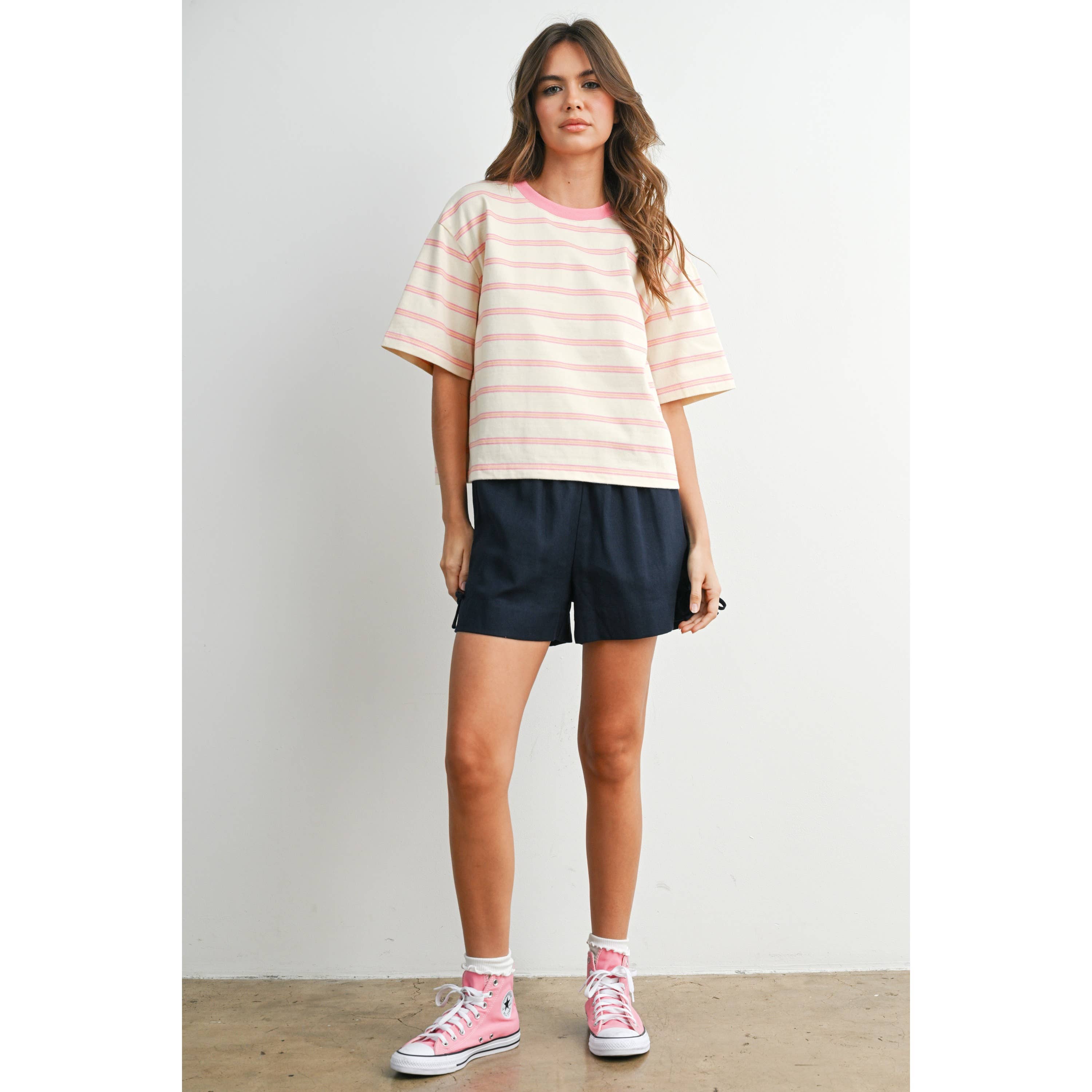 Ivory & Pink Striped Boxy Cropped T-Shirt