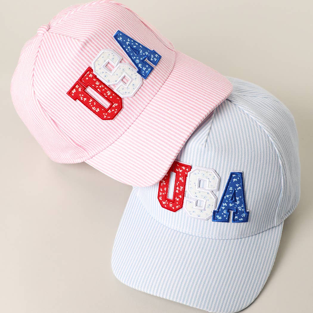 Pink USA Letter Patch Striped Trucker Hat