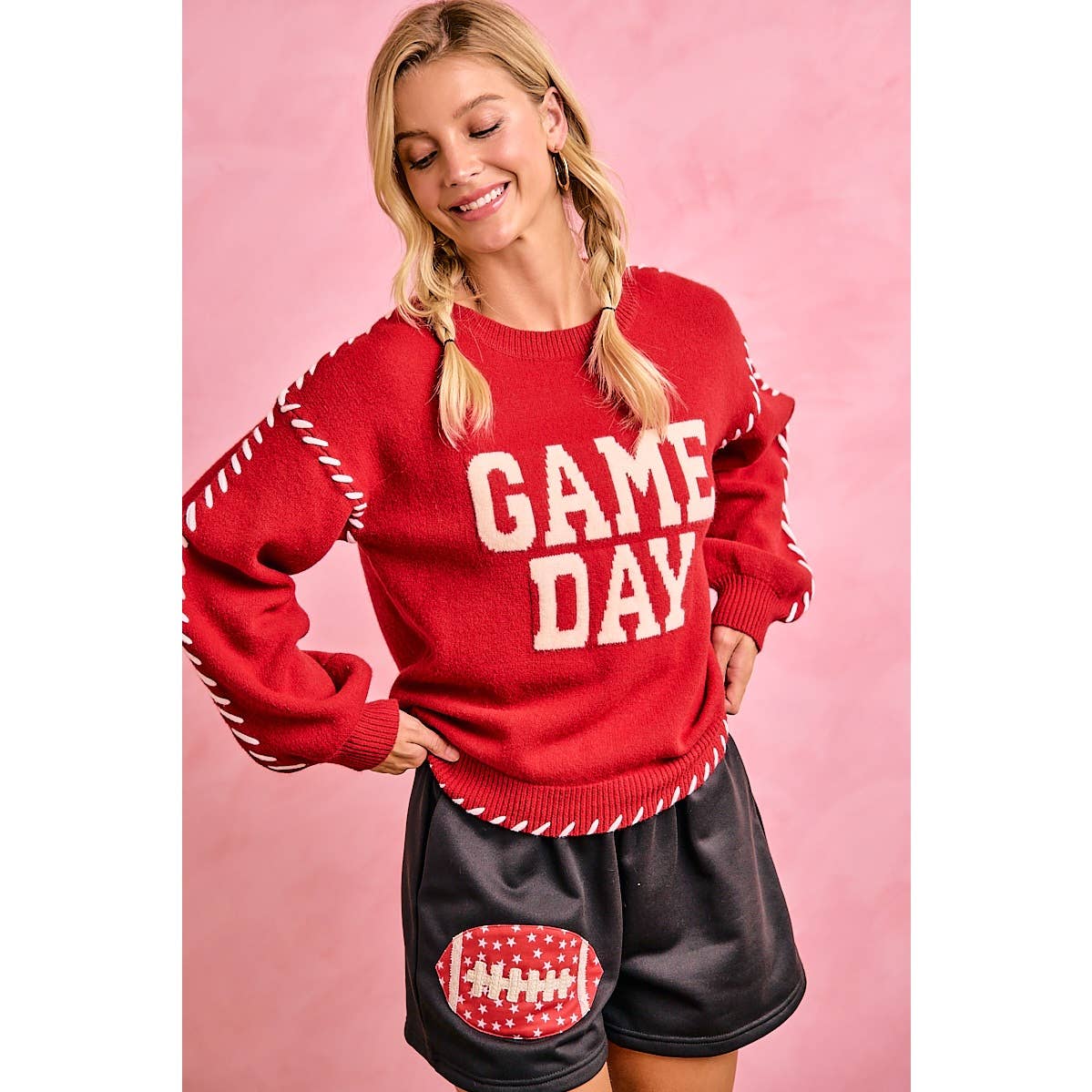 Red Gameday Contrast Stitch Sweater