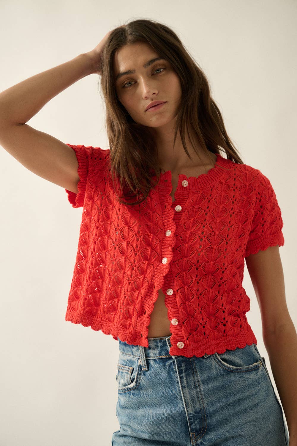 Red Crochet-Knit Buttoned Cardigan