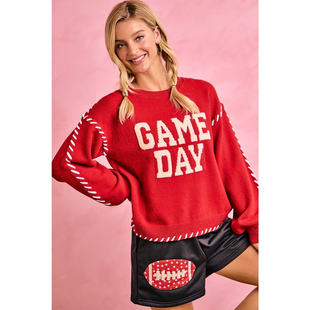 Red Gameday Contrast Stitch Sweater