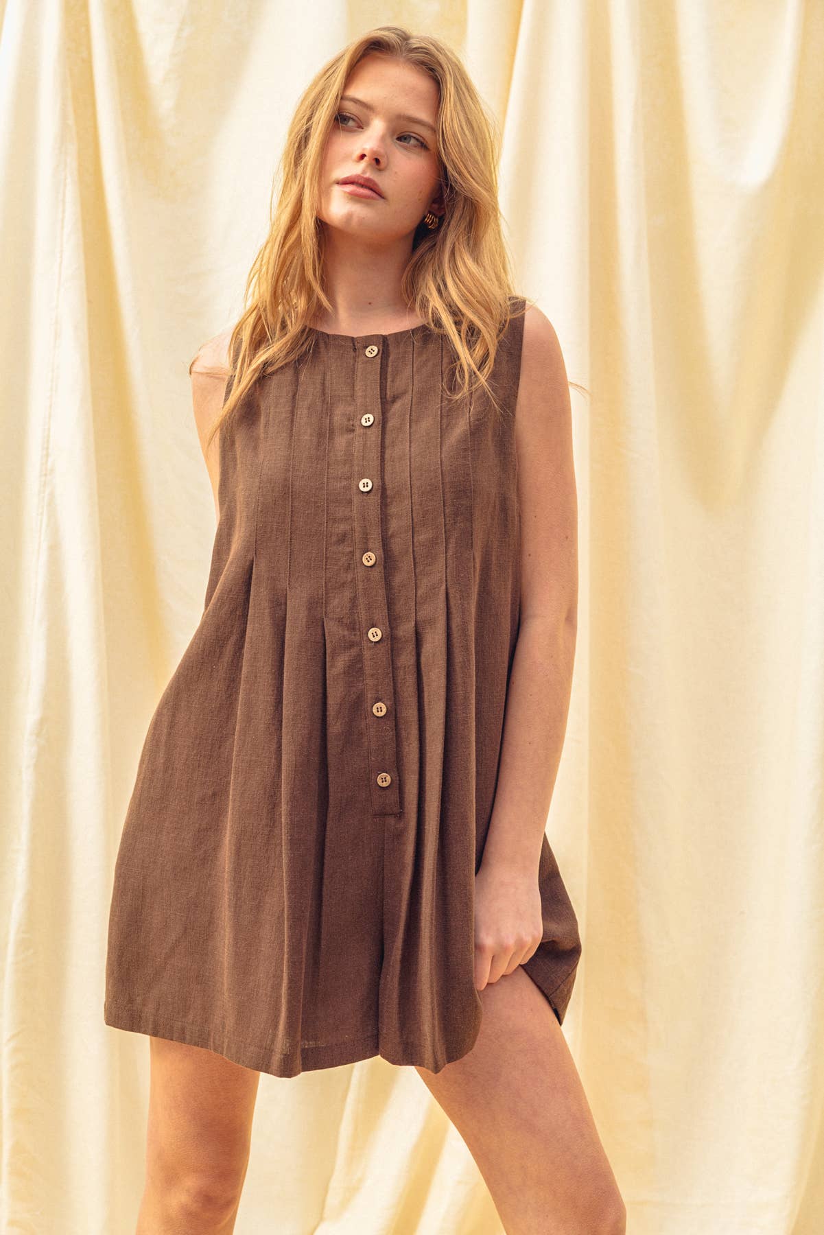 Brown Pleated Front Romper
