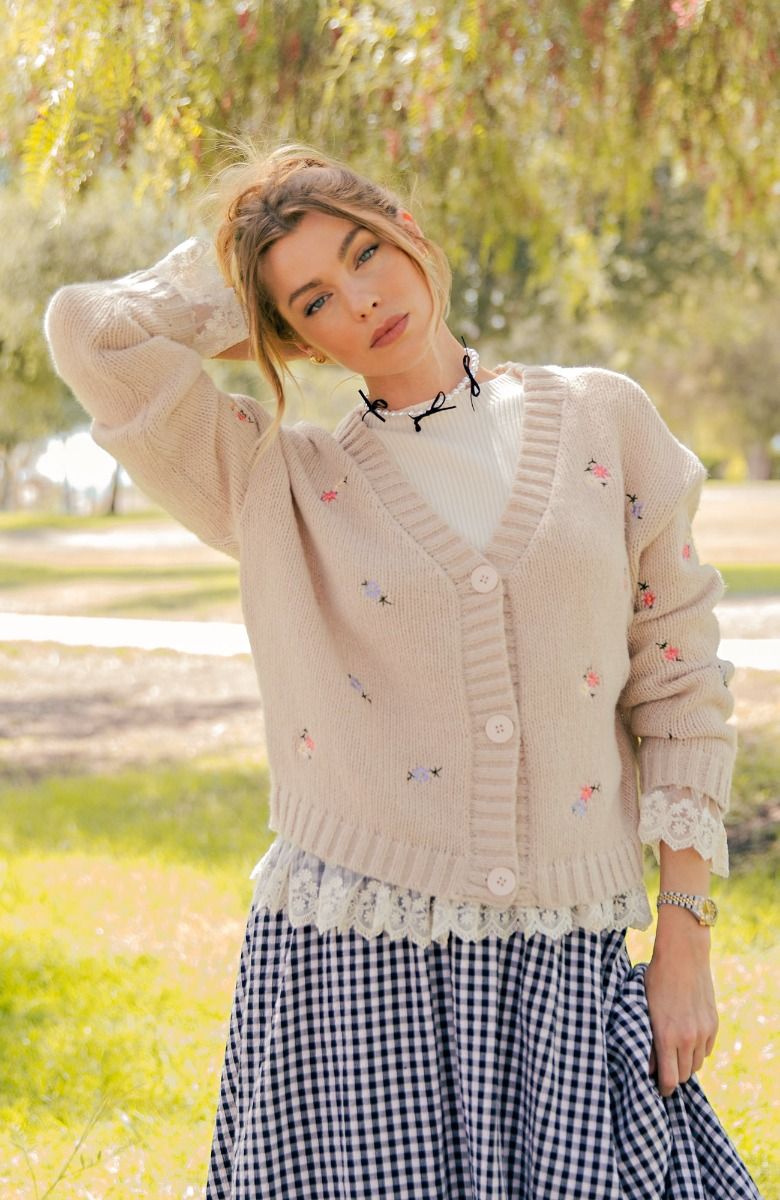 Khaki Flower Detail Cardigan