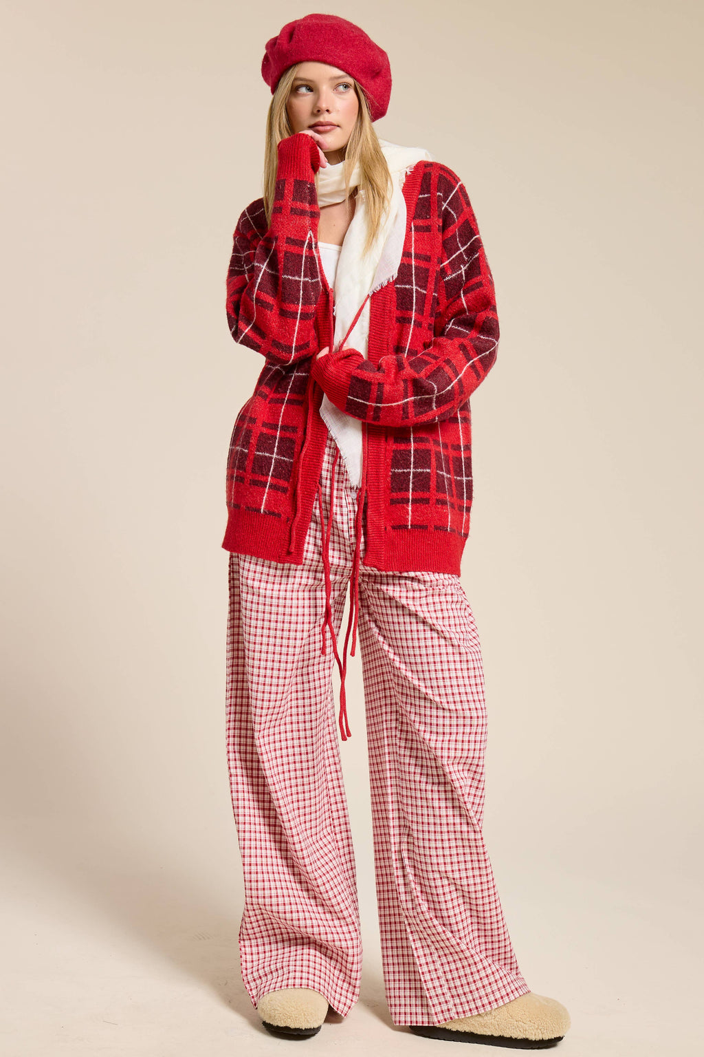 Red Plaid Tie-Front Cardigan Sweater