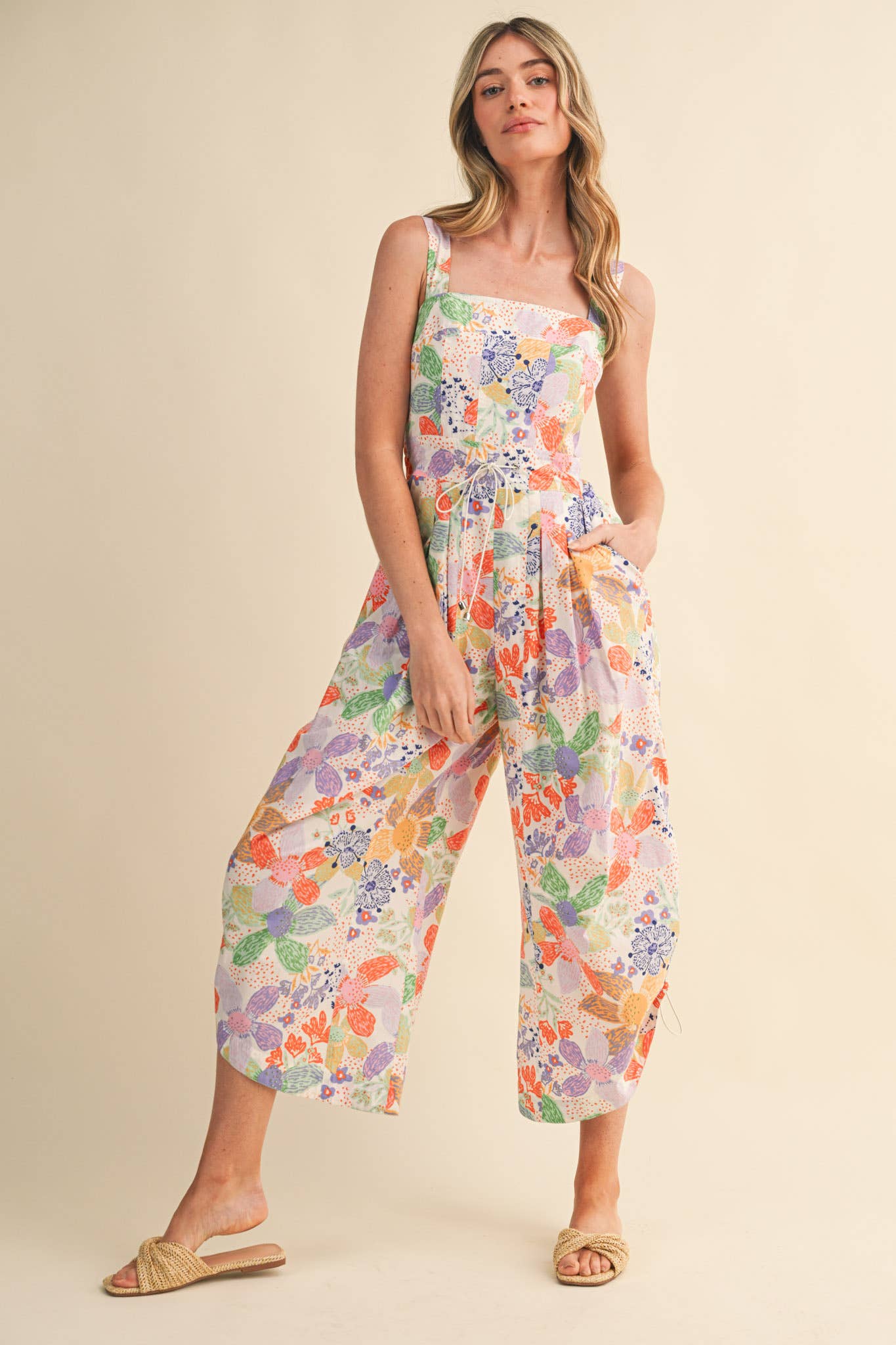 Coral Floral Pleated Wide Leg Jumpsuit