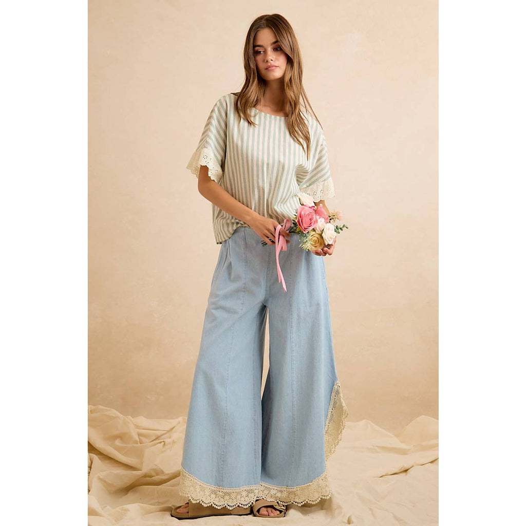 Denim Wide Leg Lace Tulip Hem Jeans