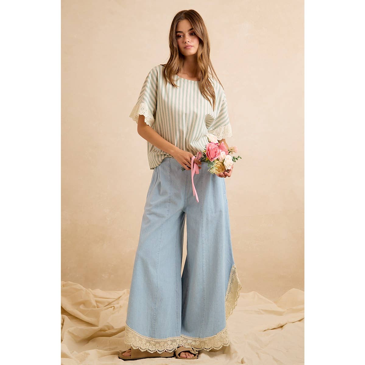 Denim Wide Leg Lace Tulip Hem Jeans