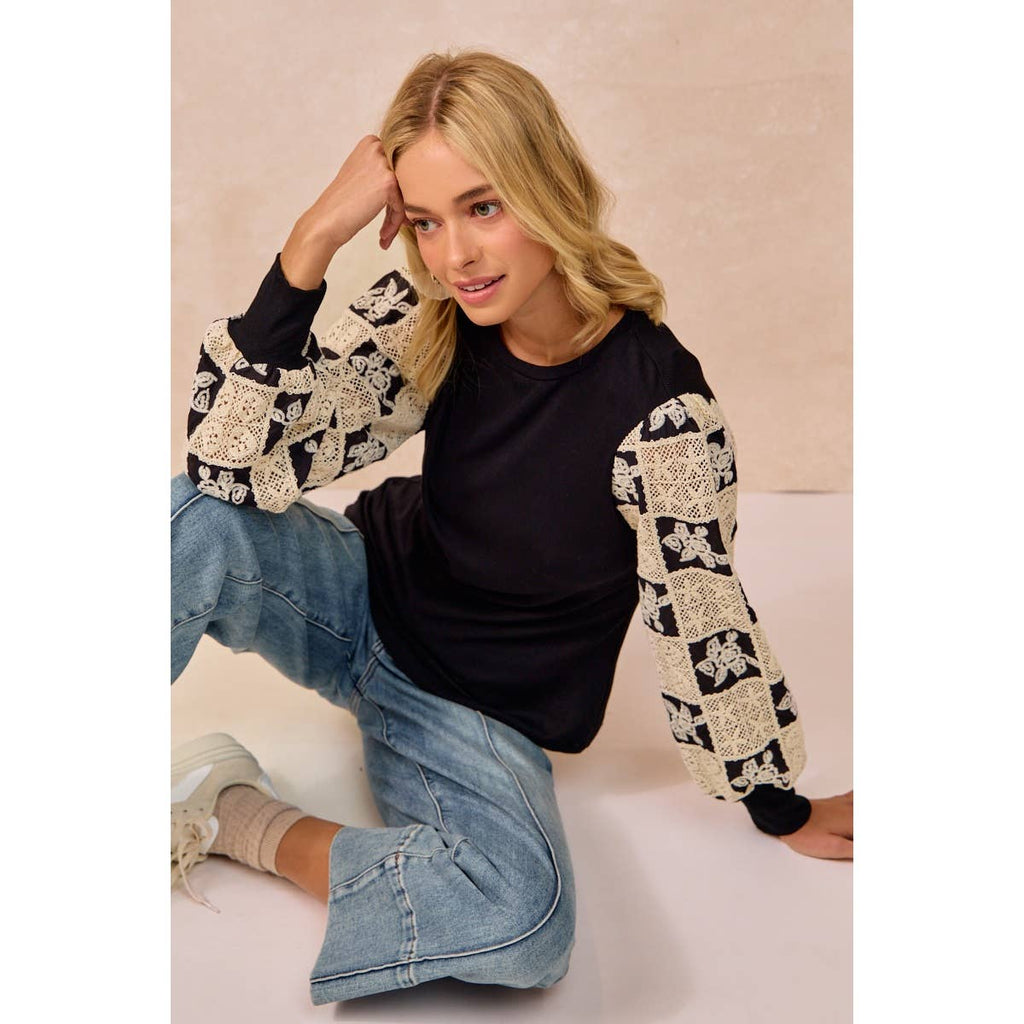 Black Flower Crochet Sleeve Top