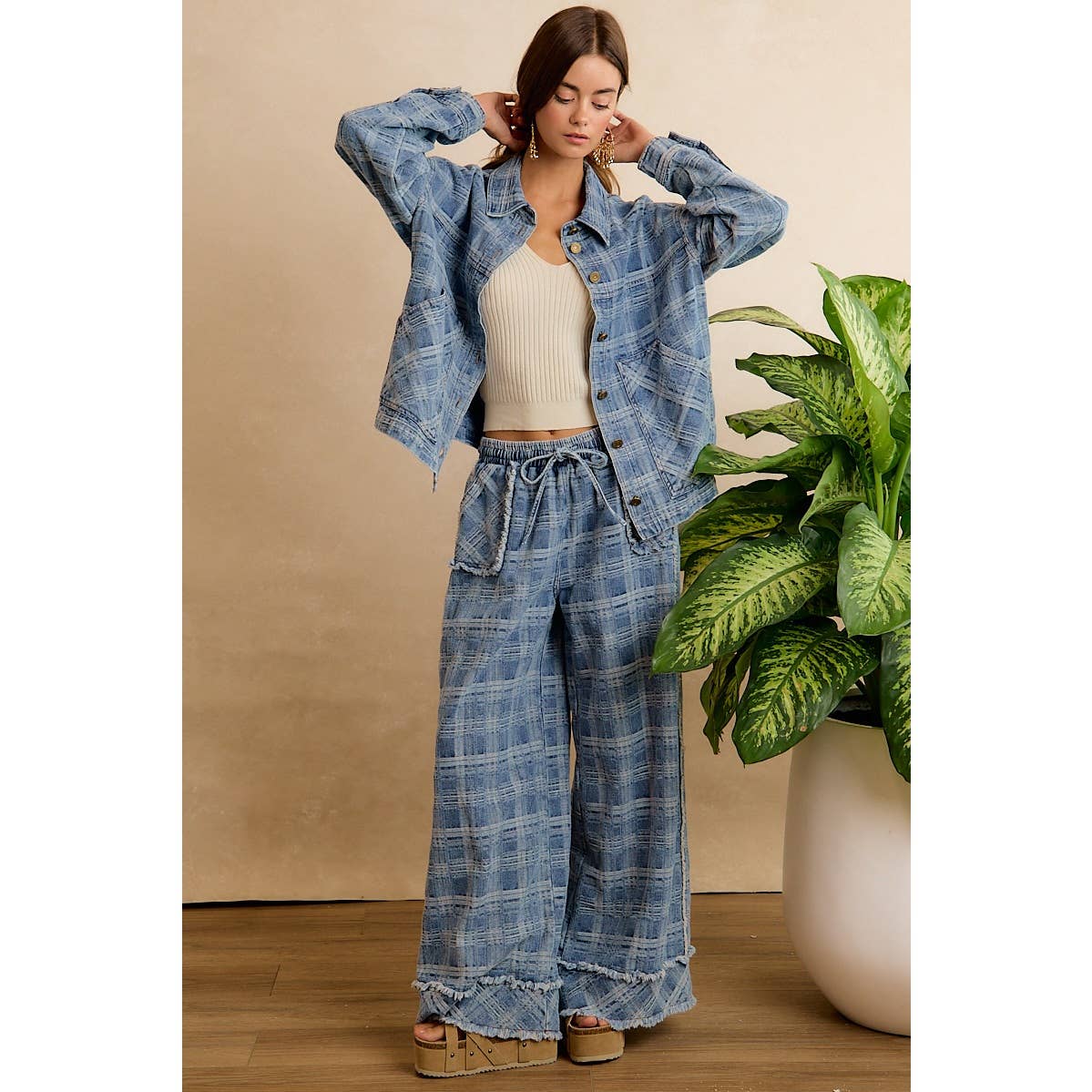 Washed Demin Plaid Wide Leg Jeans