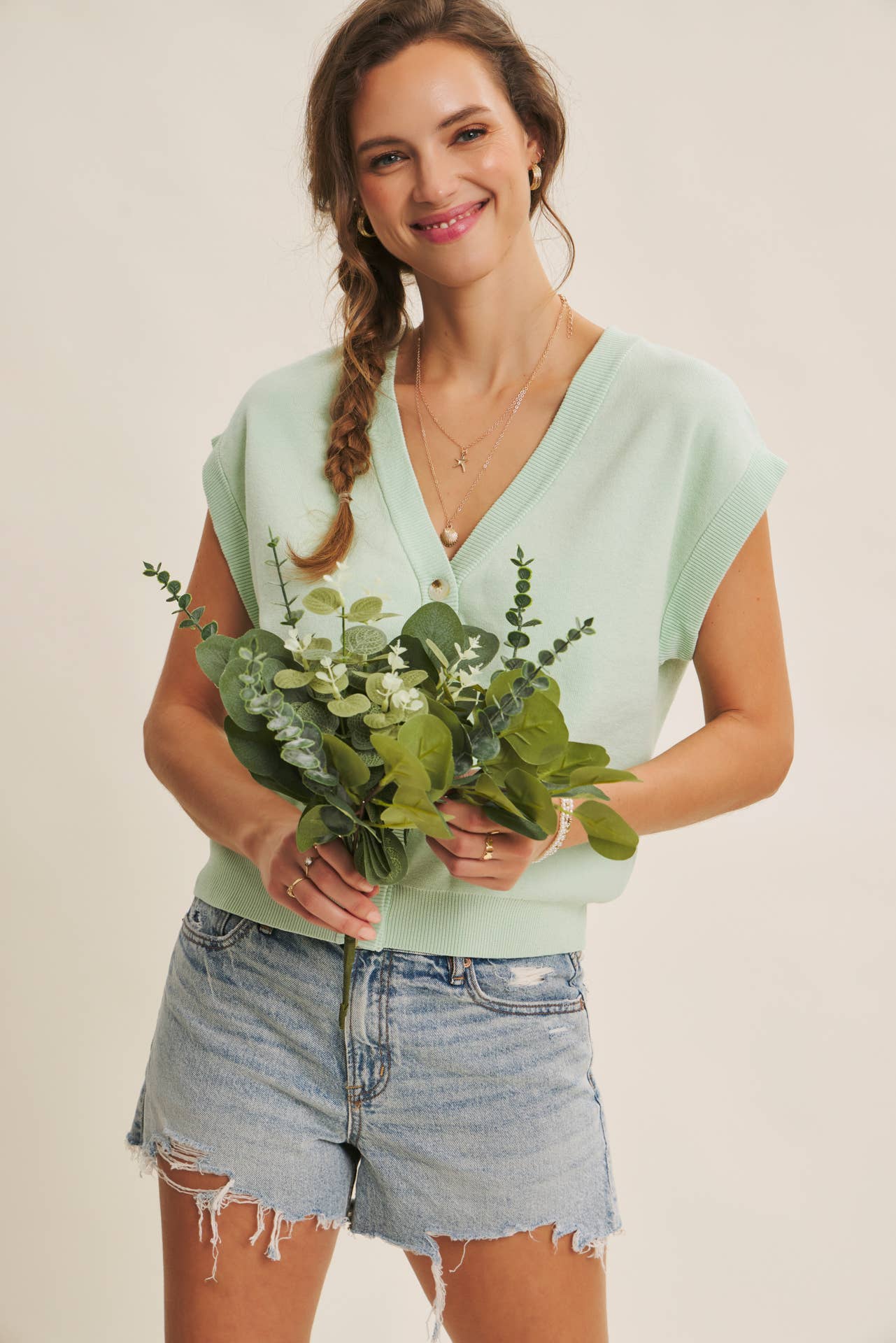Misty Mint Soft Button Down Sweater Vest