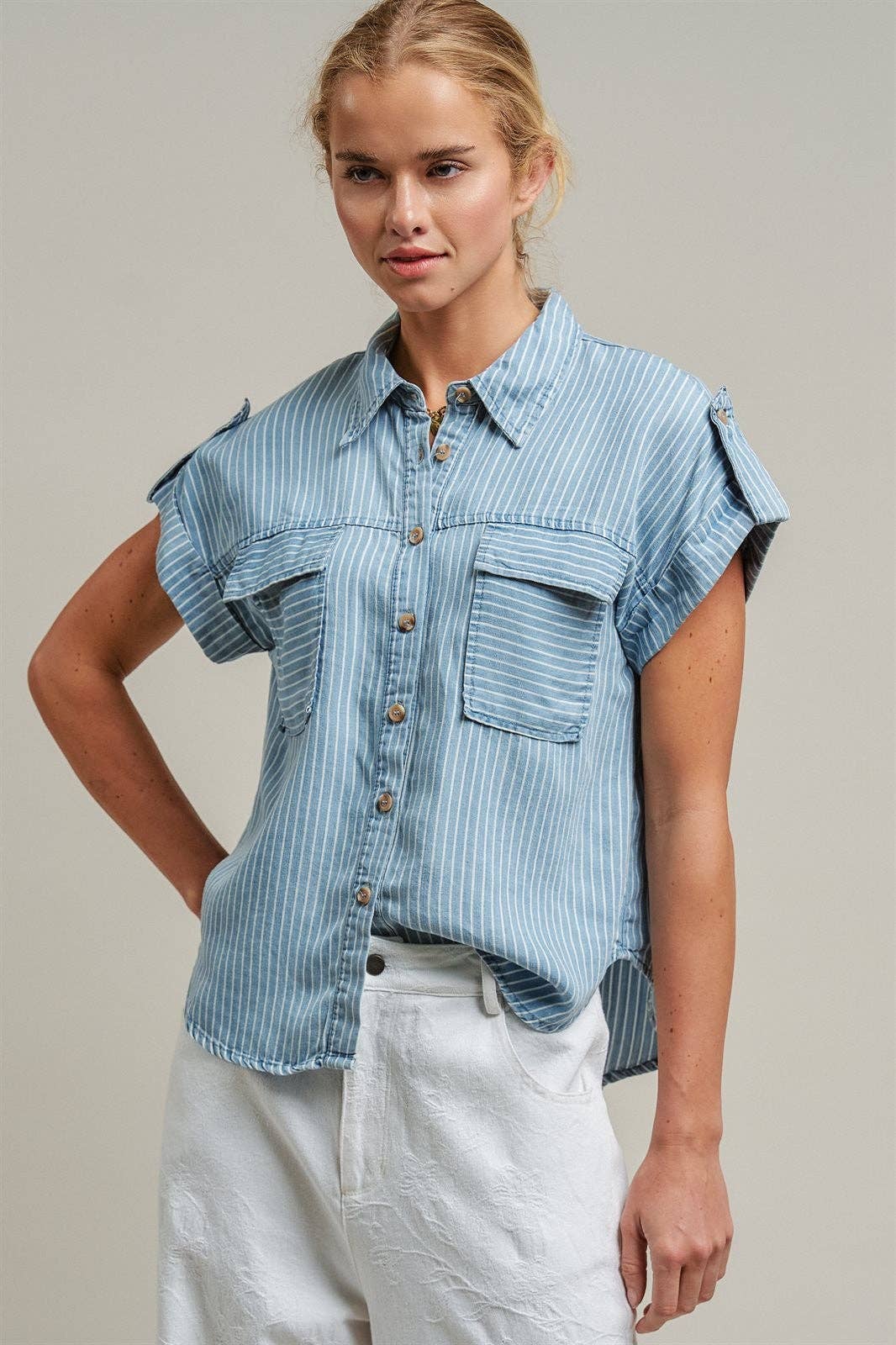 Striped Chambray Short Sleeve Shirt