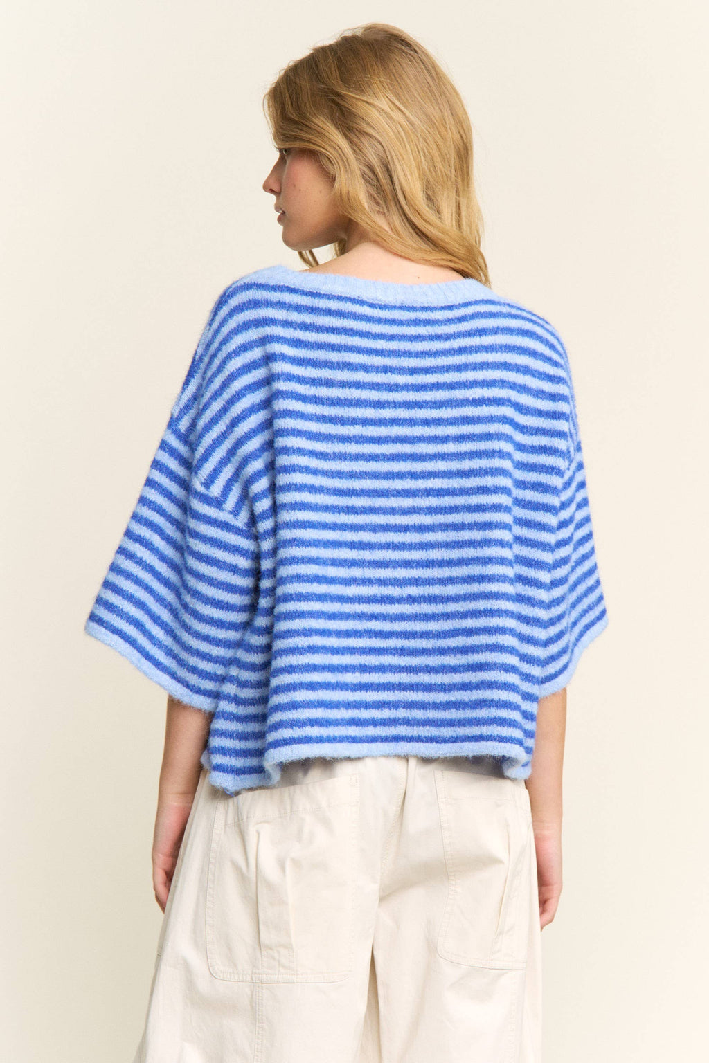 Blue Striped Cropped Soft Knit Cardigan