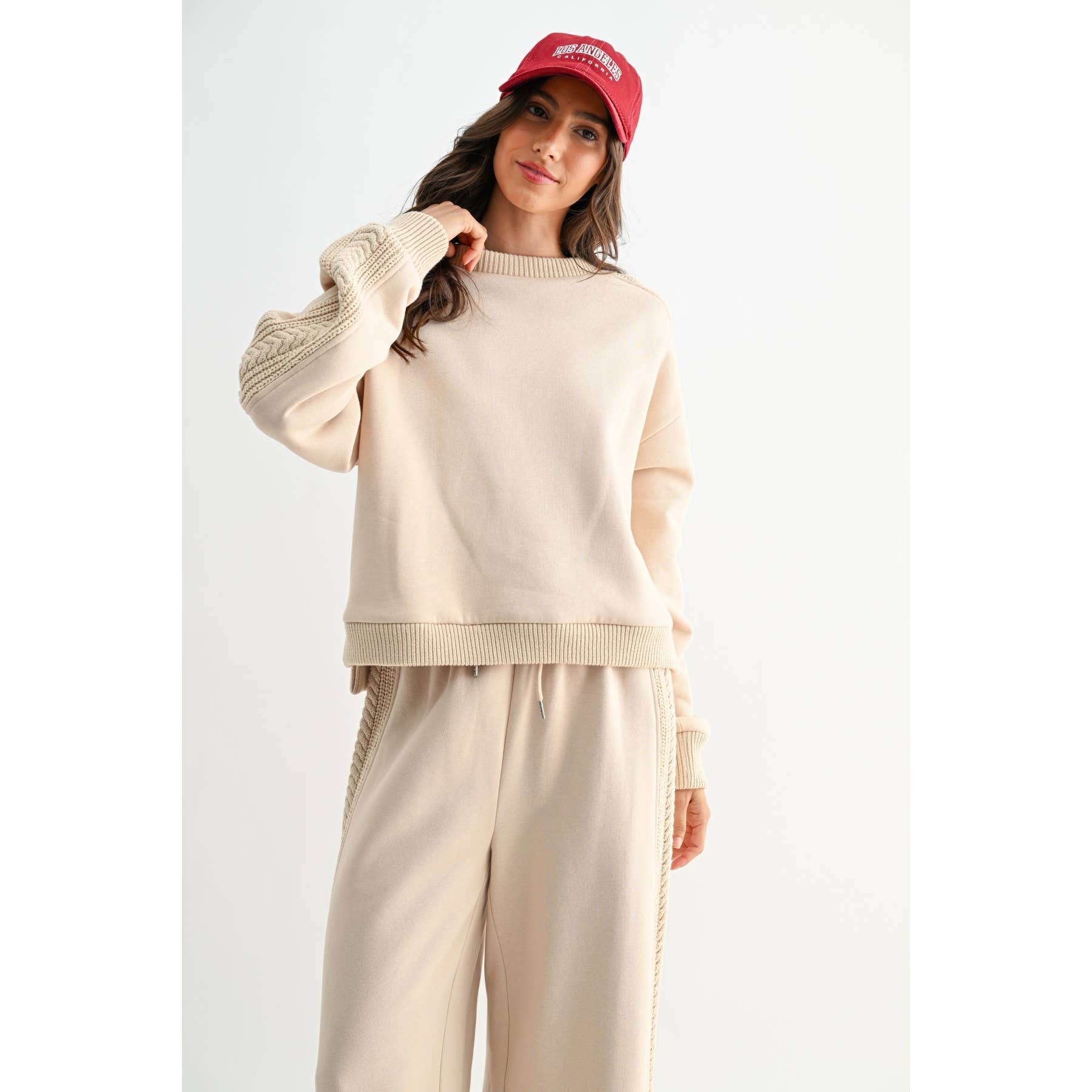 Beige Cable Knit Trim Bottoms