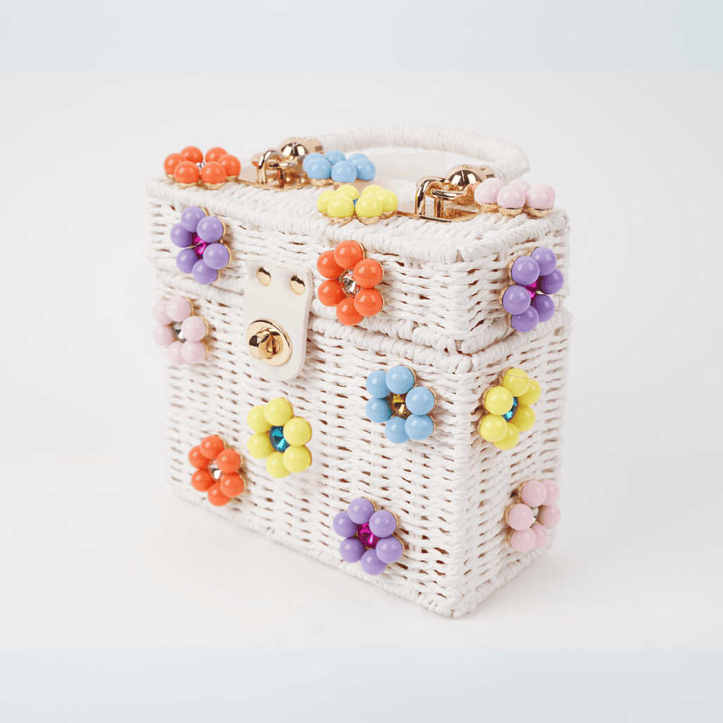 White & Multicolor Wicker Bucket Daisy Flower Purse