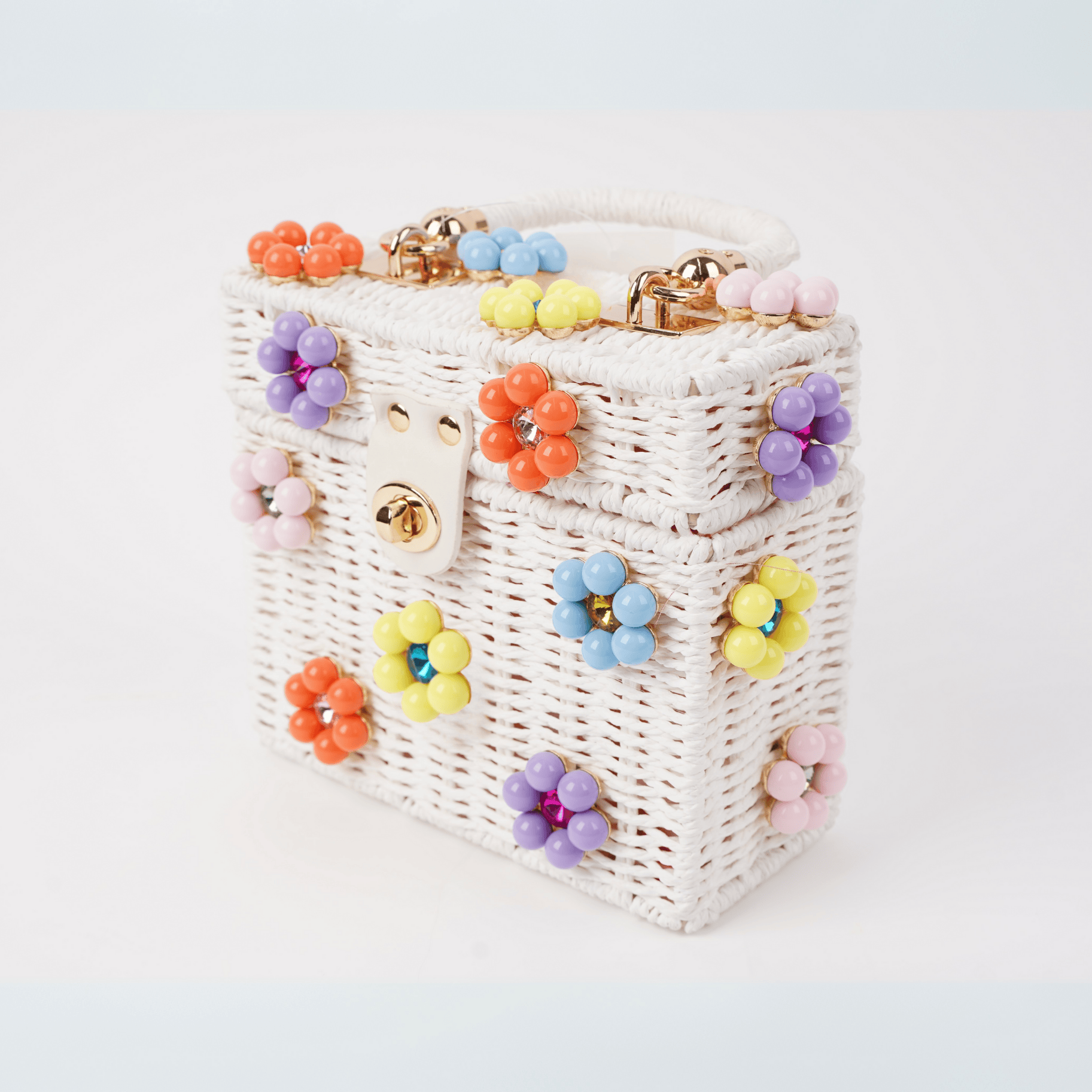 White & Multicolor Wicker Bucket Daisy Flower Purse