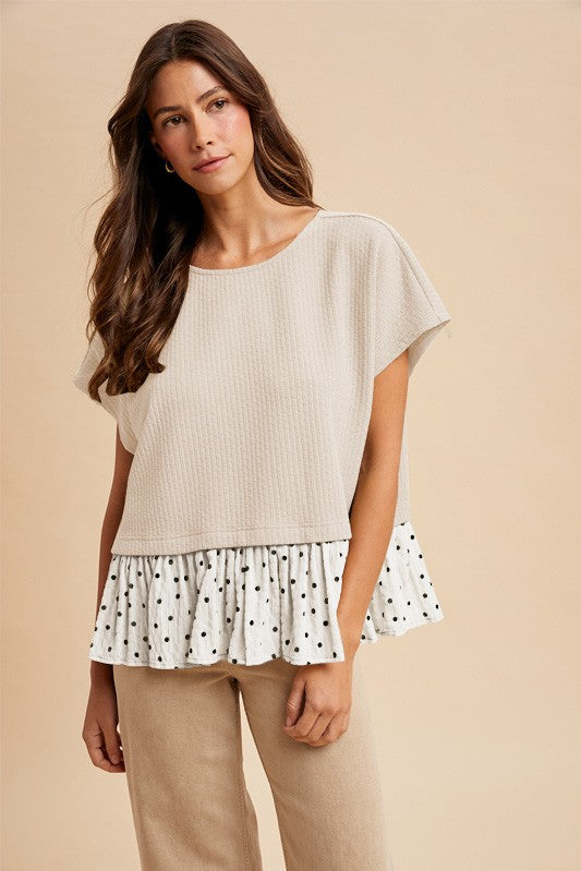 Polka Dot Ruffle Hem Knit Top