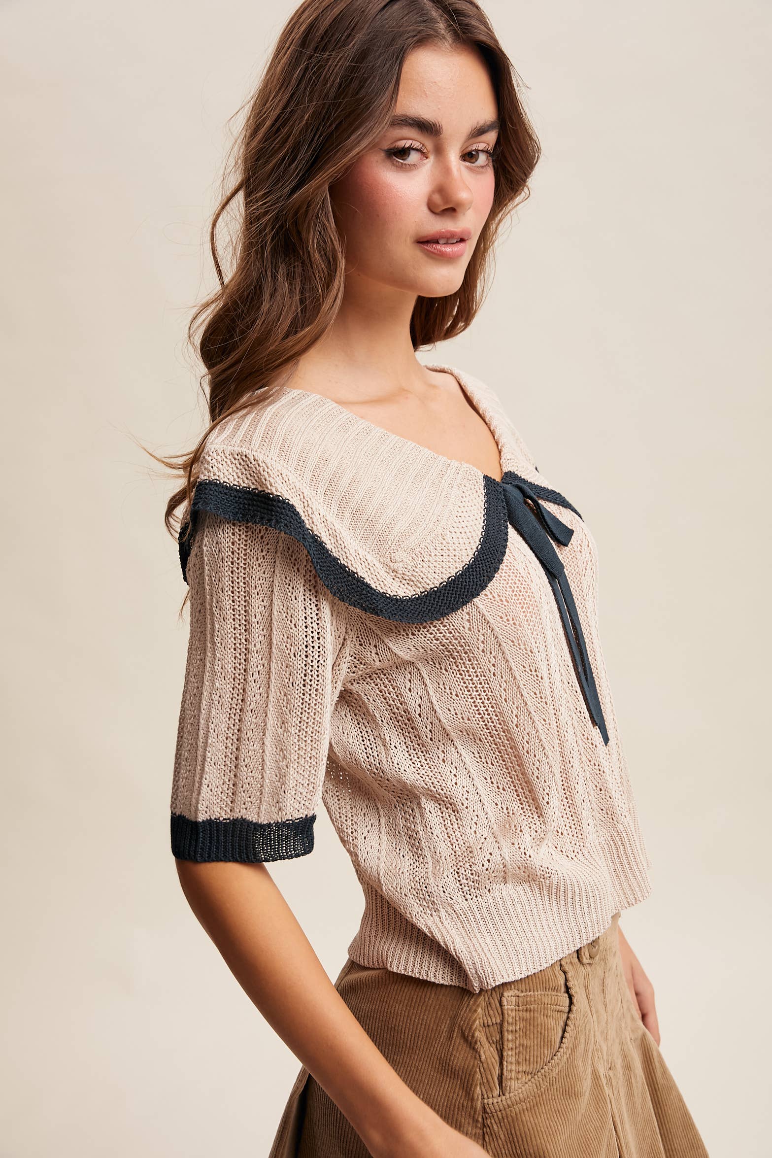 Oatmeal Knit Sailor-Collar Ribbon Top