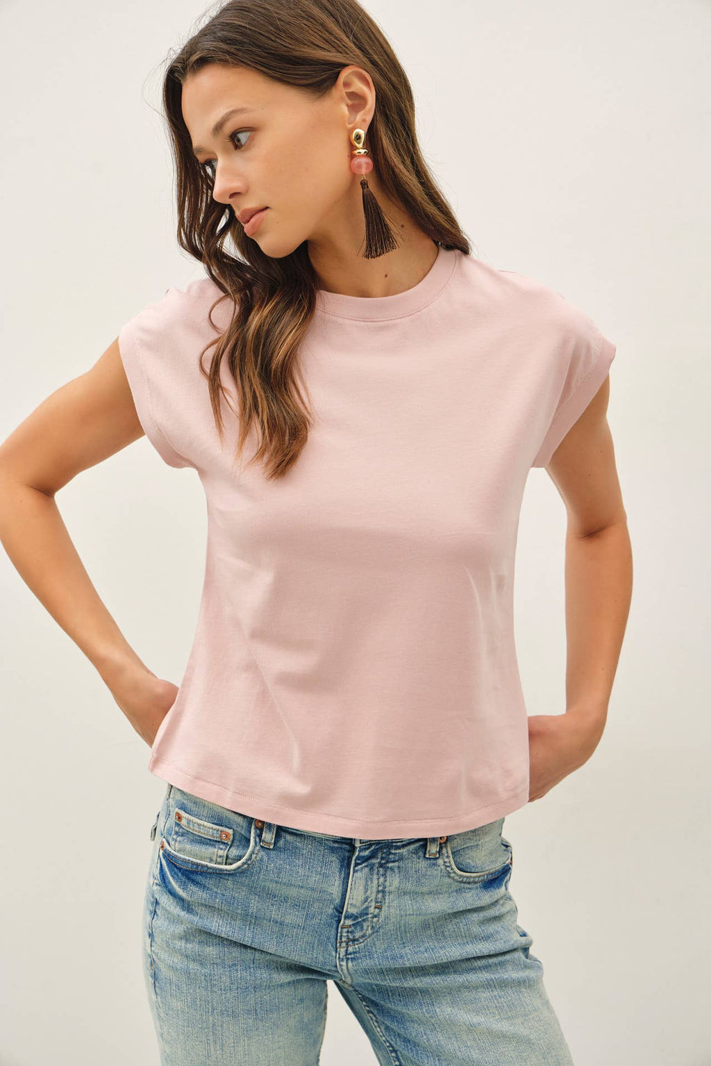 Dusty Pink Cap Sleeve Crew Neck