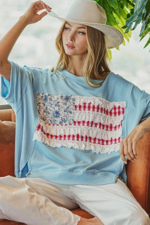 Ice Blue Lace Trim Patch Pullover