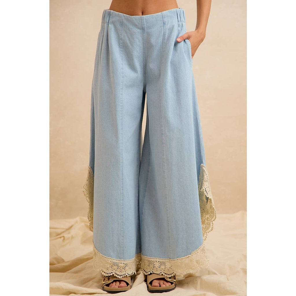Denim Wide Leg Lace Tulip Hem Jeans