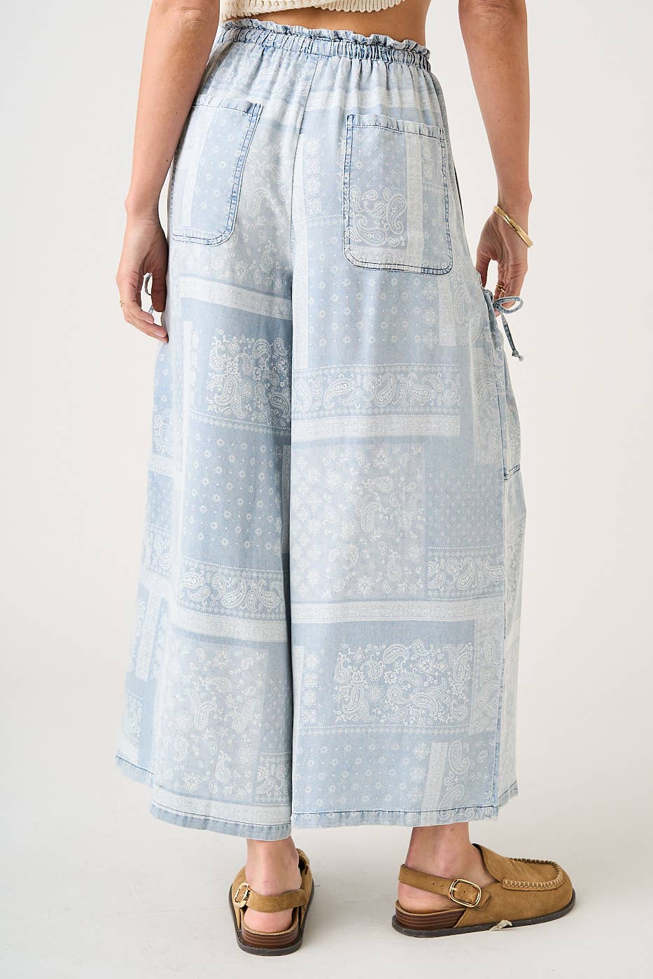 Light Denim Paisley Print Wide Leg Pants
