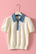 Ivory & Blue Collared Sweater Top