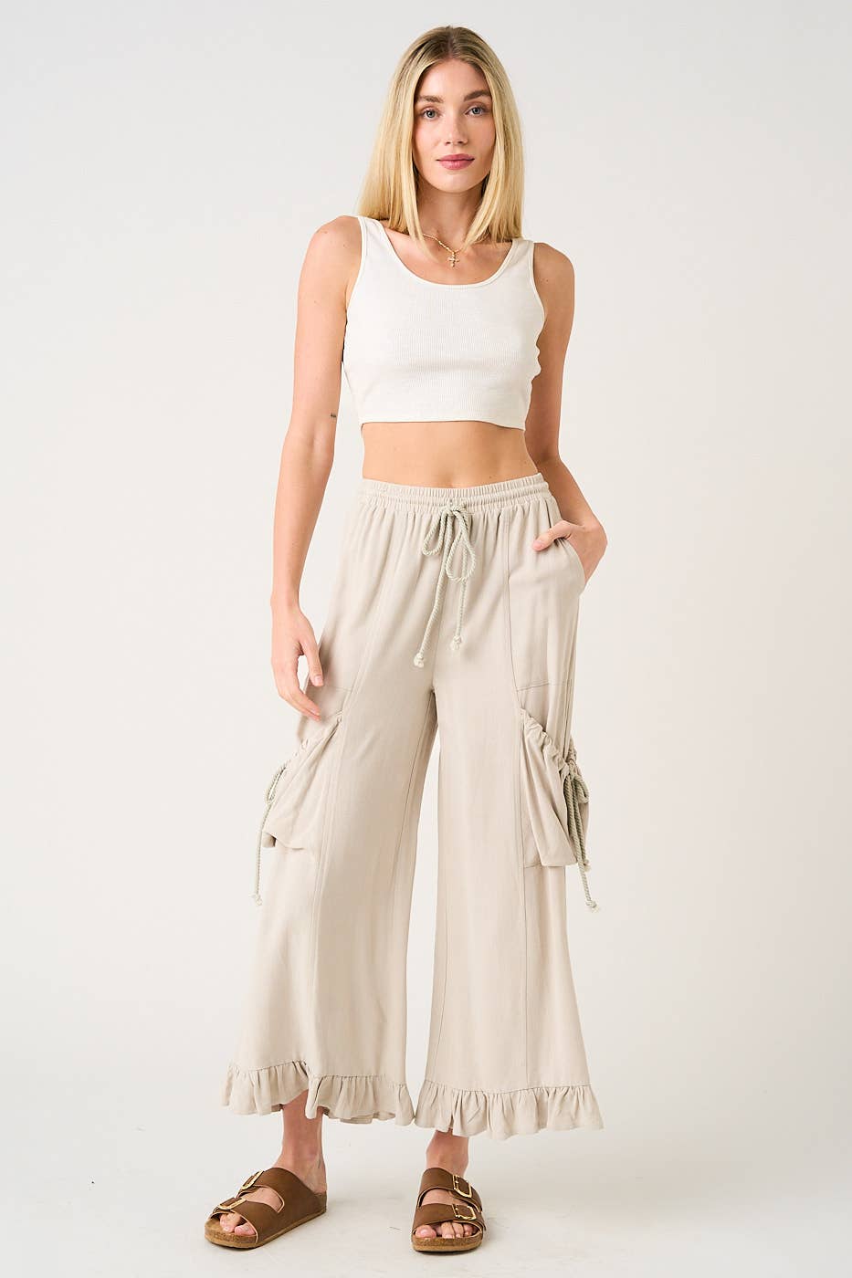 Silver Oat Ruffle Hem Wide Leg Pant