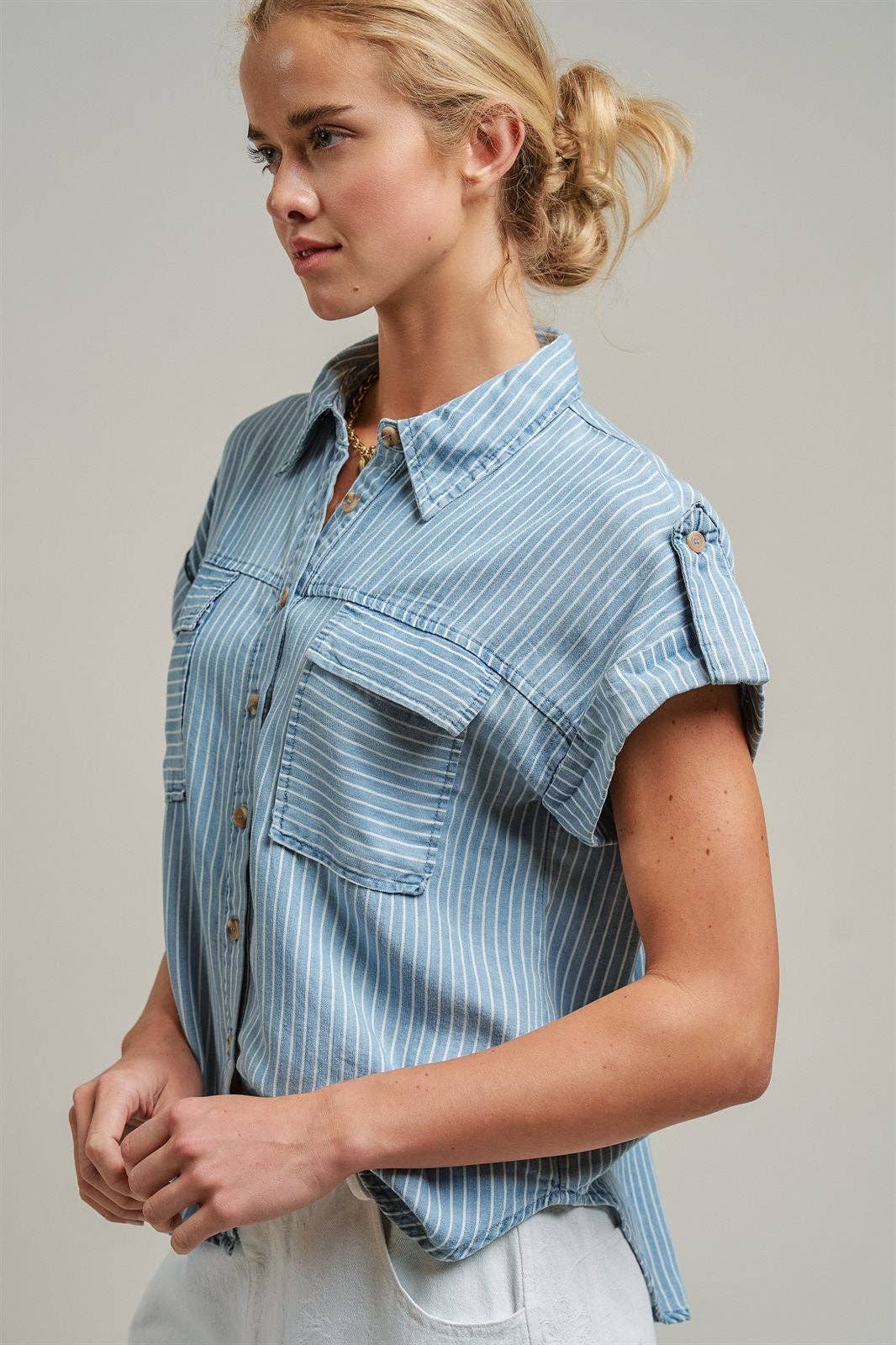 Striped Chambray Short Sleeve Shirt