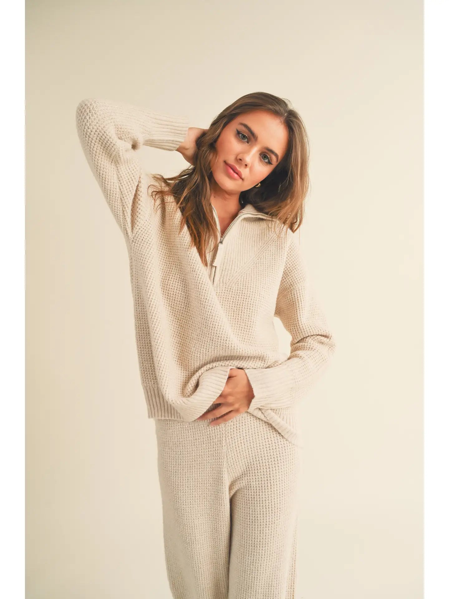 Oatmeal Waffle Half Zip Sweater