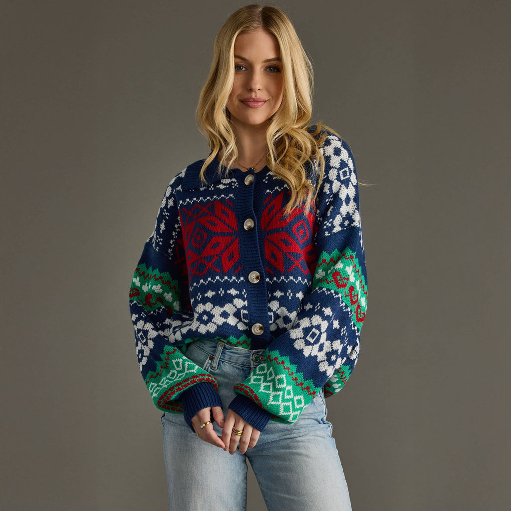 Navy & Multicolored Patterned Cardigan