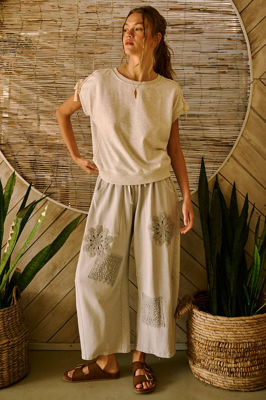 Cream Mineral Wash Barrel Pants