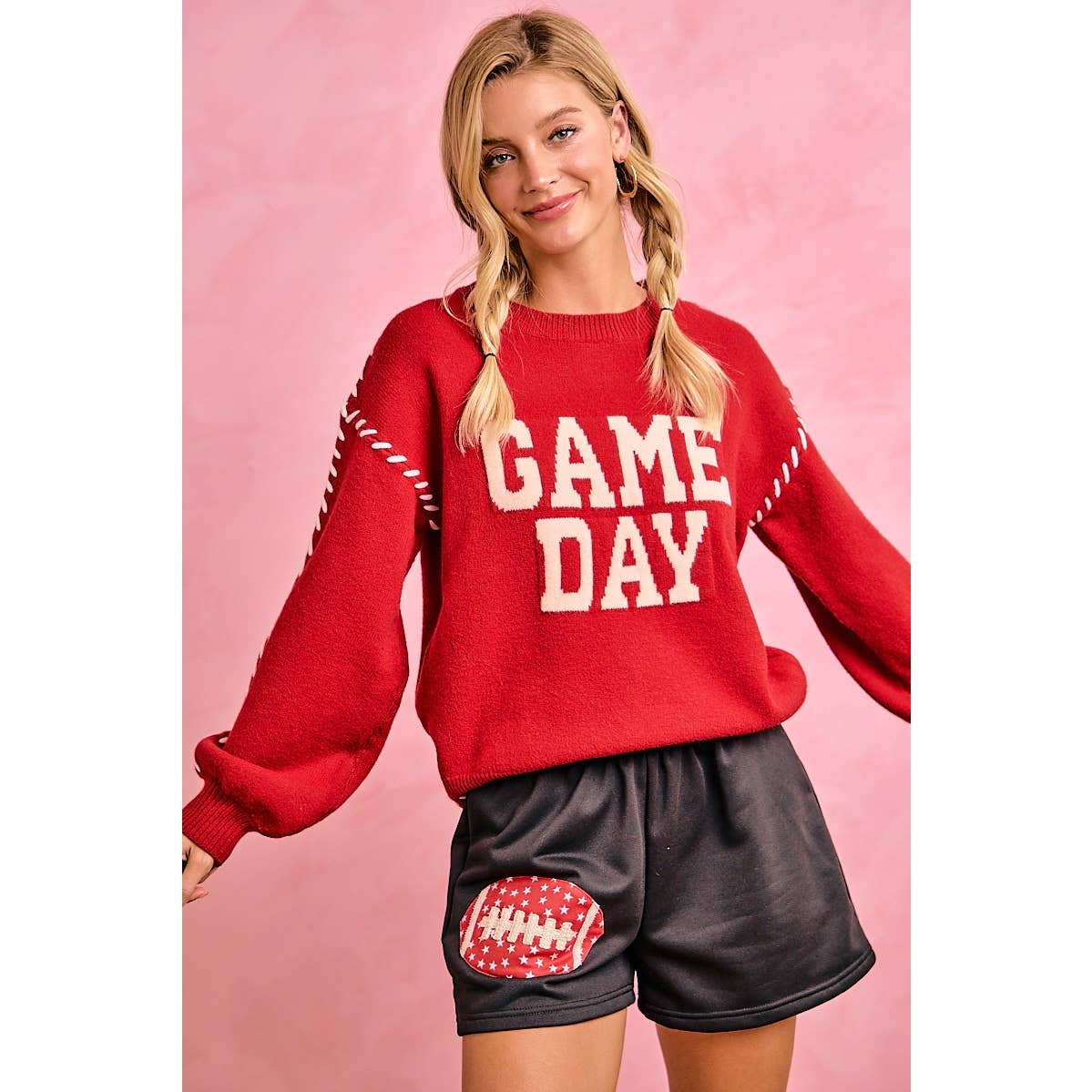 Red Gameday Contrast Stitch Sweater