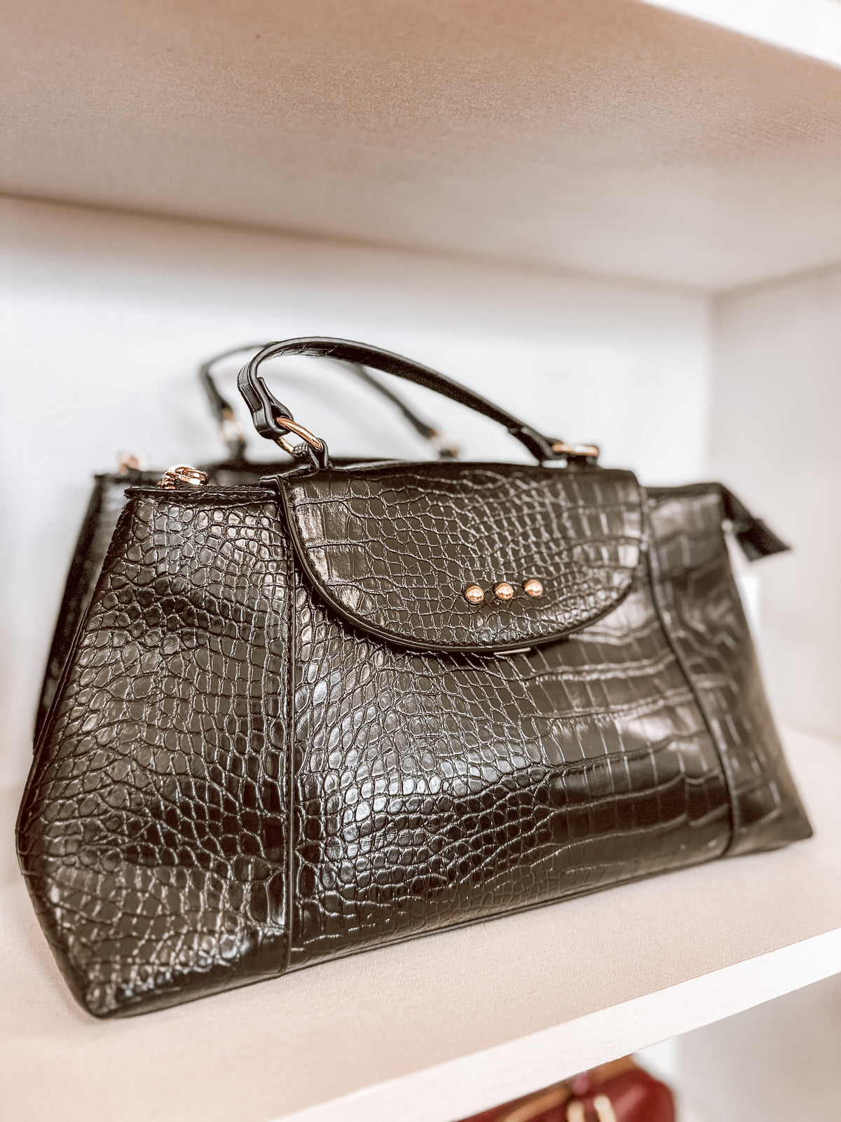 Black Elena Croc Embossed Crossbody