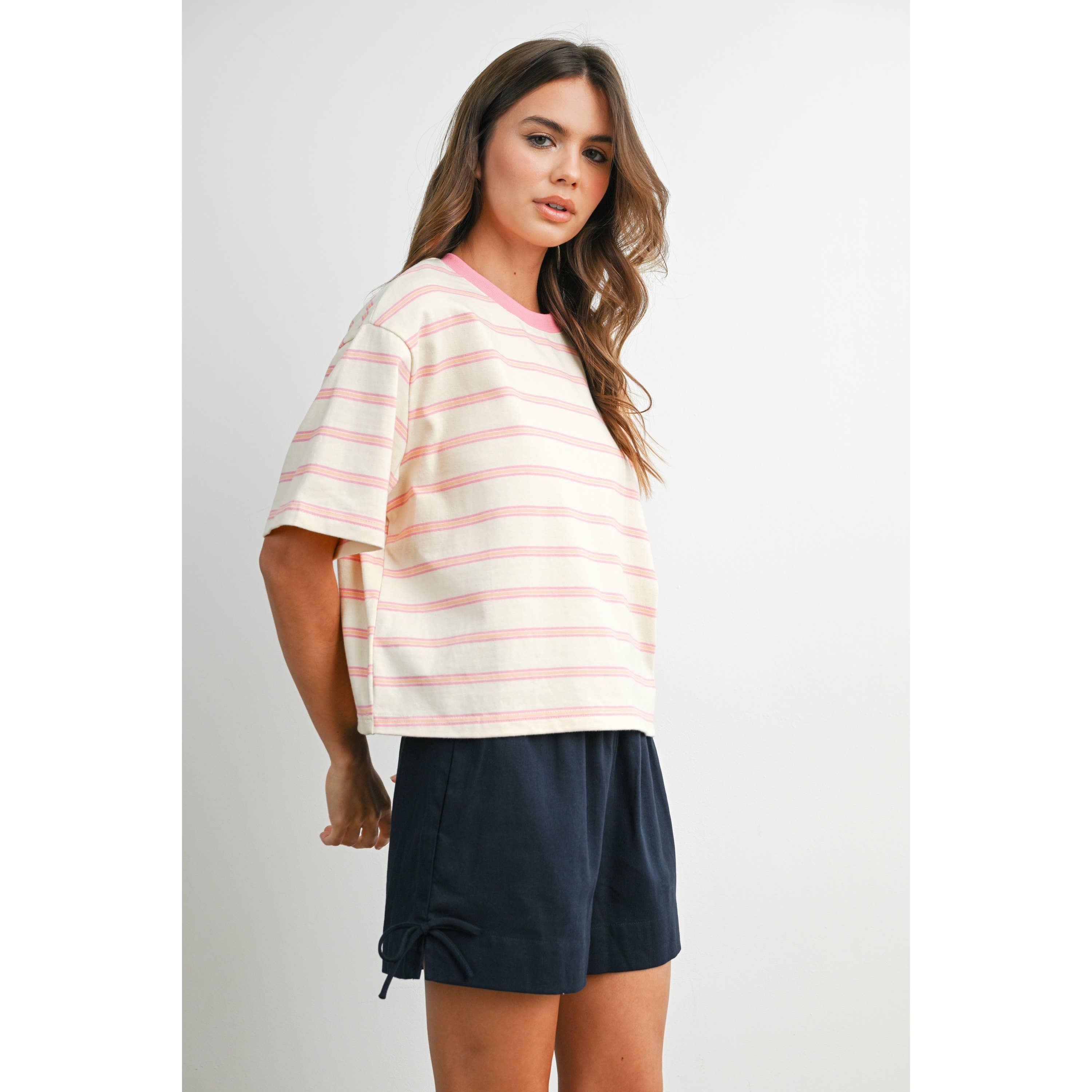 Ivory & Pink Striped Boxy Cropped T-Shirt