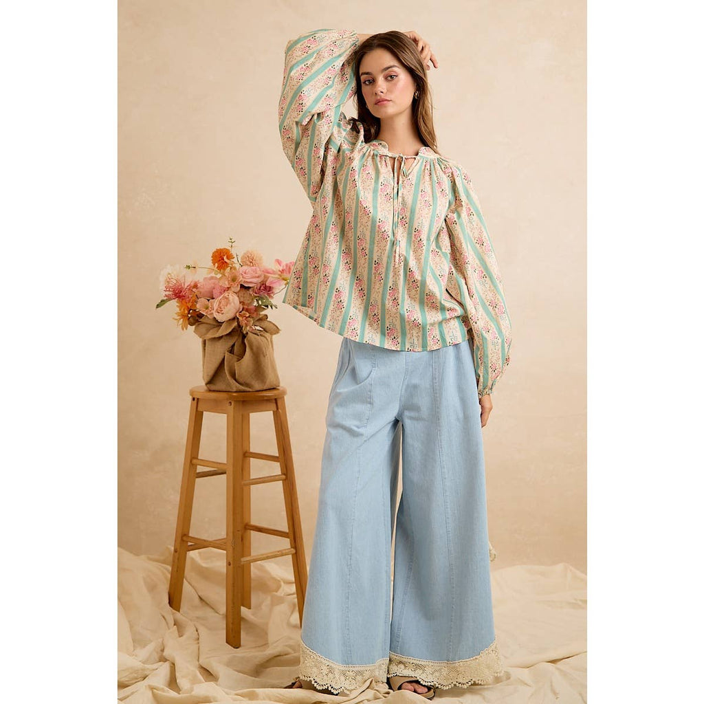 Denim Wide Leg Lace Tulip Hem Jeans