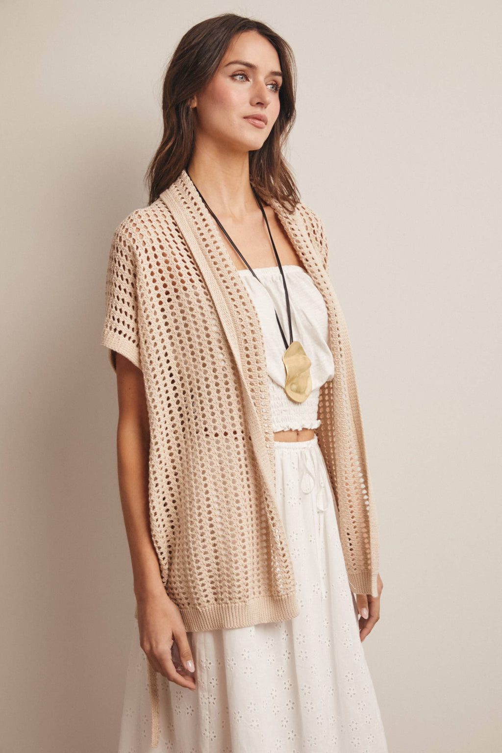 Natural Open Knit Belted Cardigan