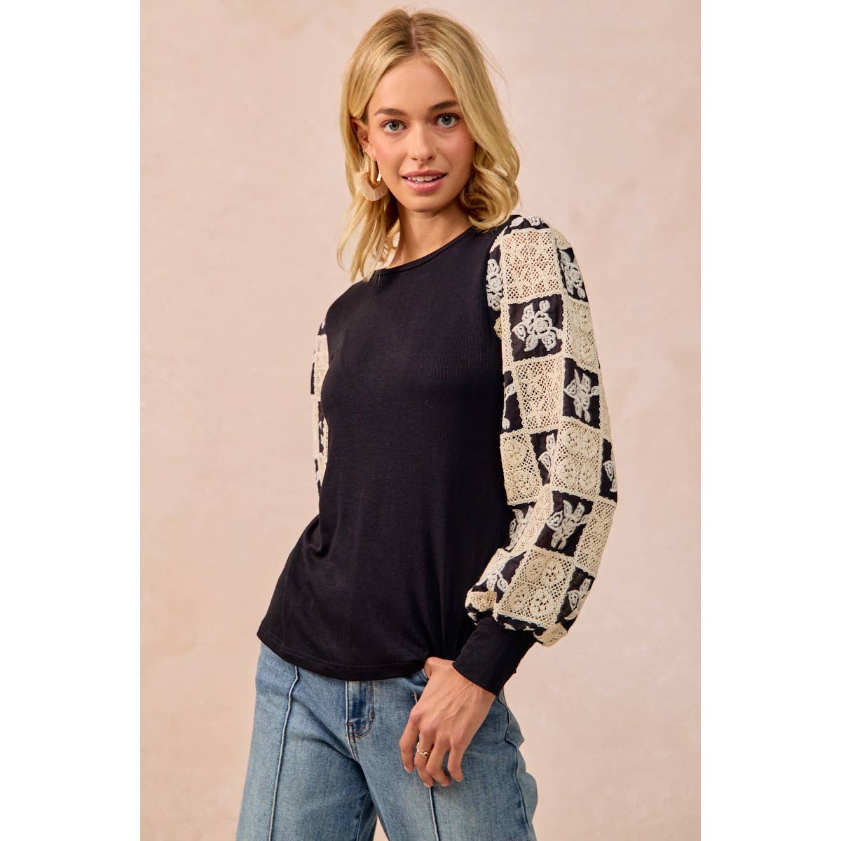 Black Flower Crochet Sleeve Top