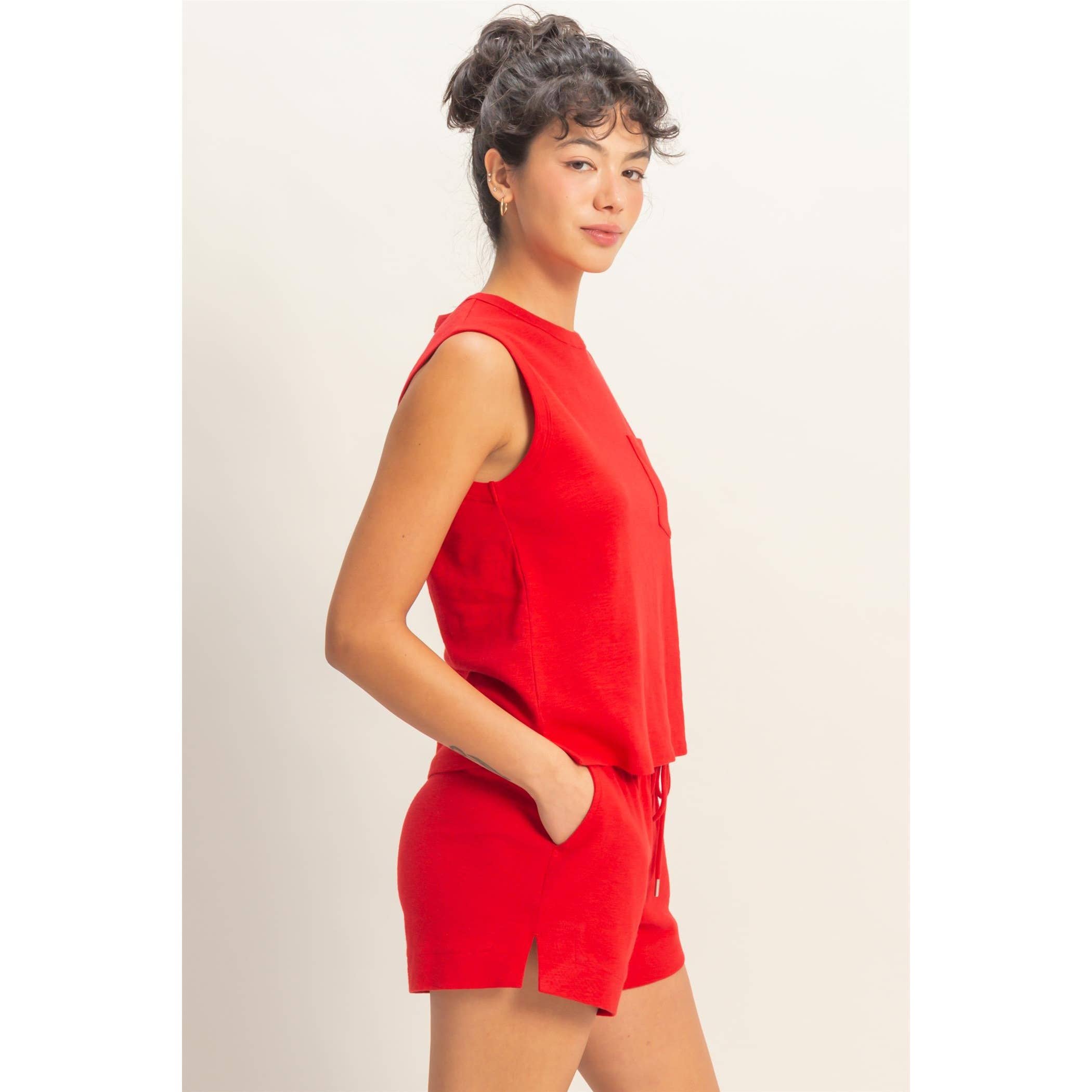 Red Sleeveless Cotton Top With Pocket