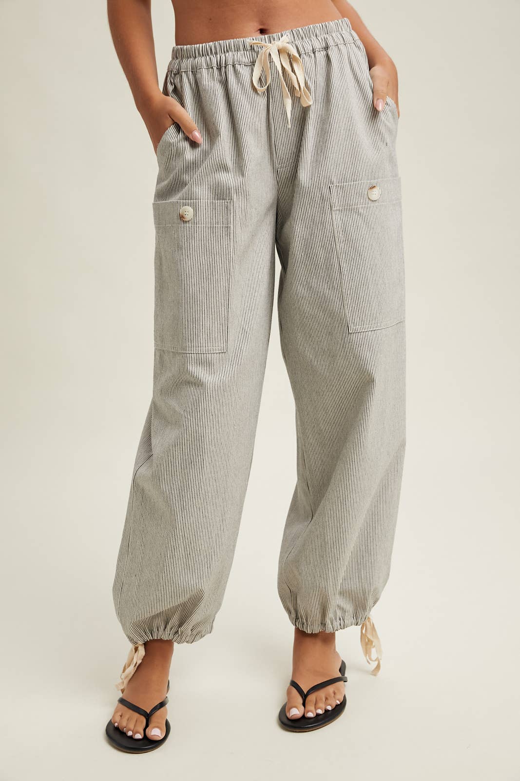 Black & Natural Striped Cargo Tie Hem Pants