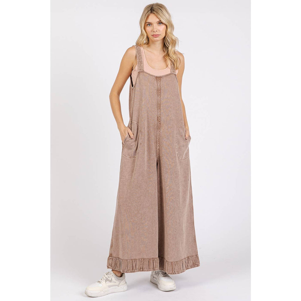 Coffee Mineral Wash Wide Leg Jumpsuit