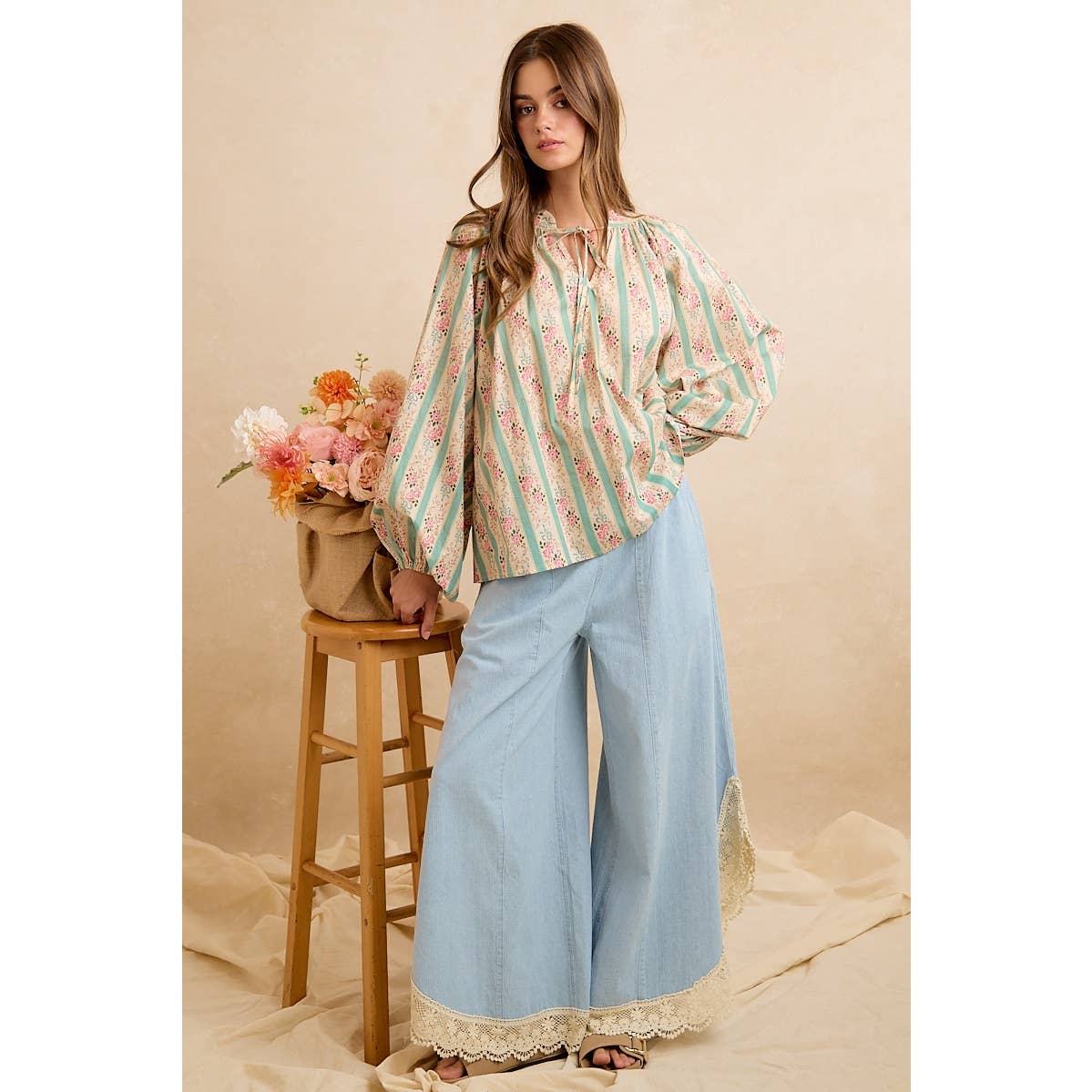 Denim Wide Leg Lace Tulip Hem Jeans