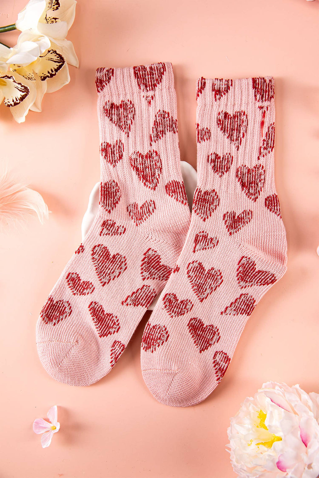 Pink Valentine's Day Vintage Heart Pattern Combed Cotton Socks