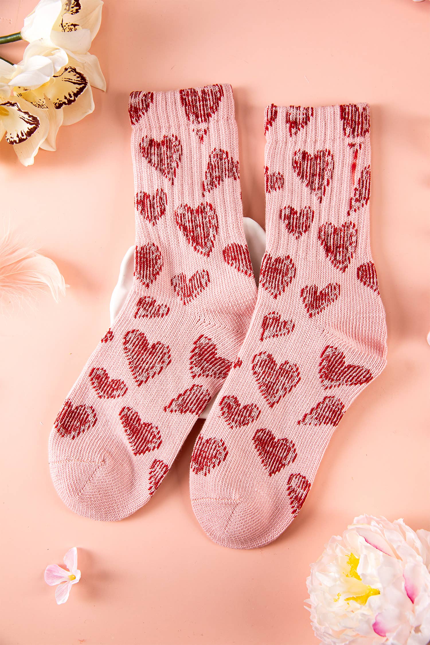 Pink Valentine's Day Vintage Heart Pattern Combed Cotton Socks