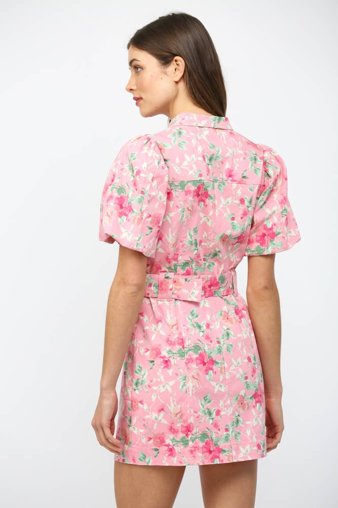 Pink Printed Button Down Mini Dress