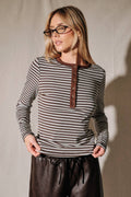 Striped Contrast Trim Henley Long Sleeve Top