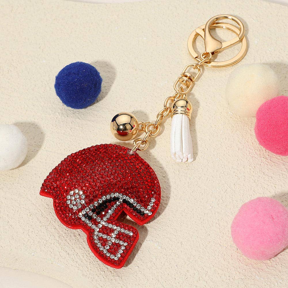 Red & White Bling Studded Football Helmet Keychain Bag Charm