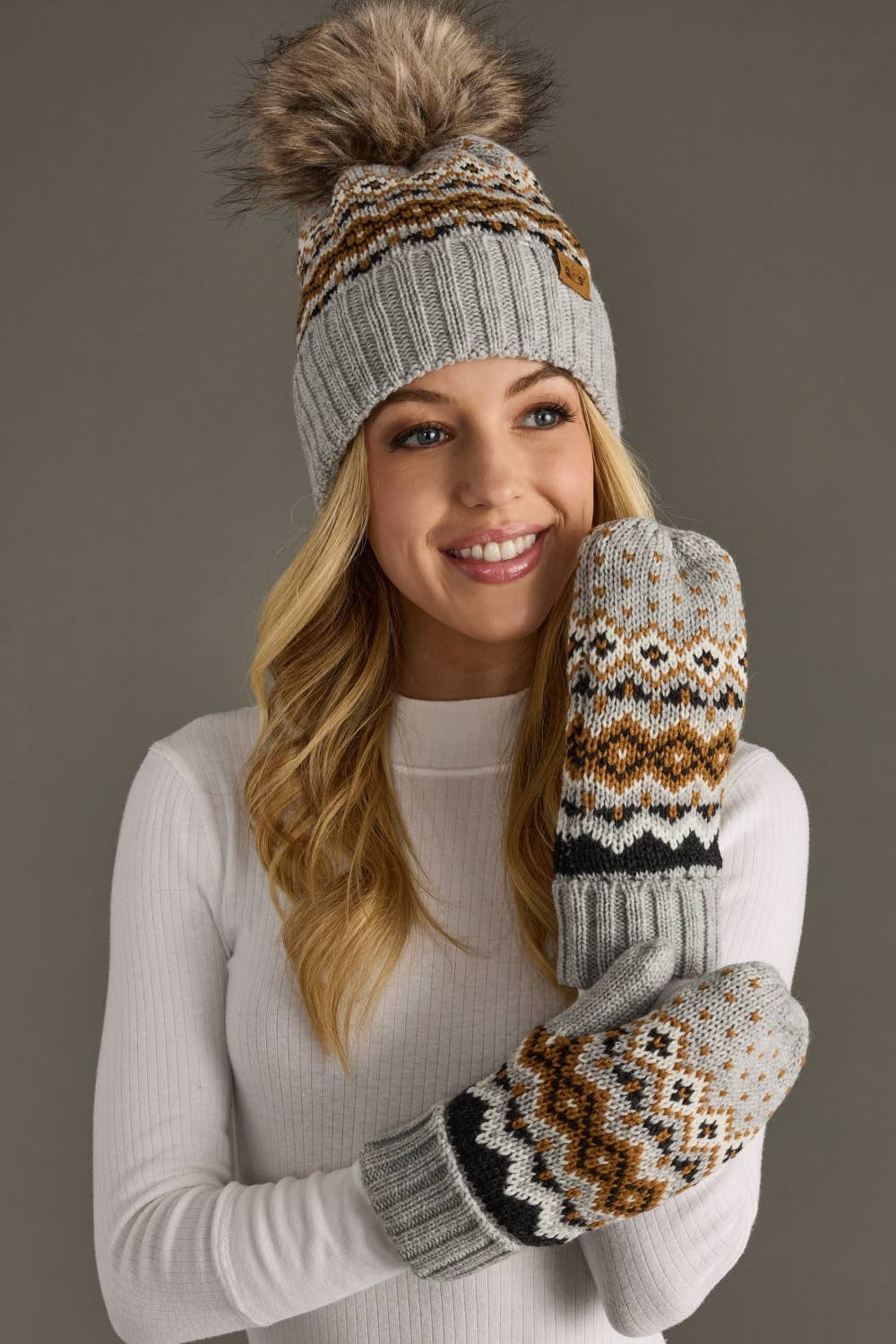 Gray, Camel & Black Patterned Mittens