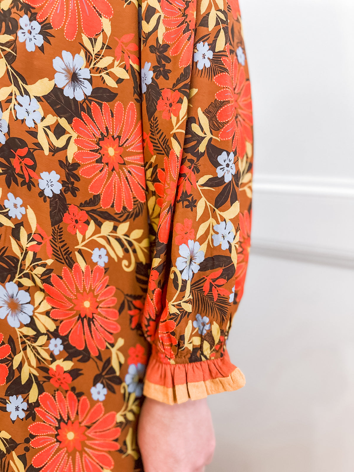 Camel Floral Printed Midi Dress