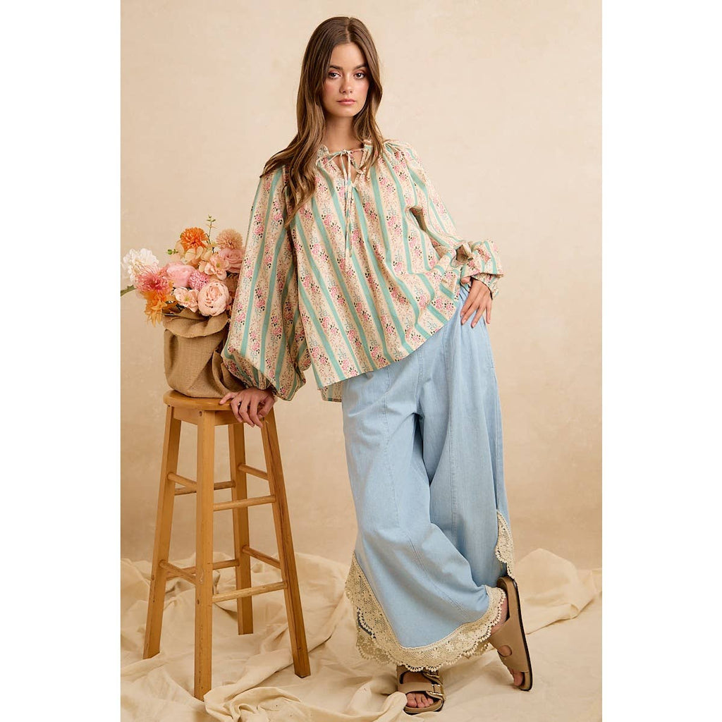 Denim Wide Leg Lace Tulip Hem Jeans