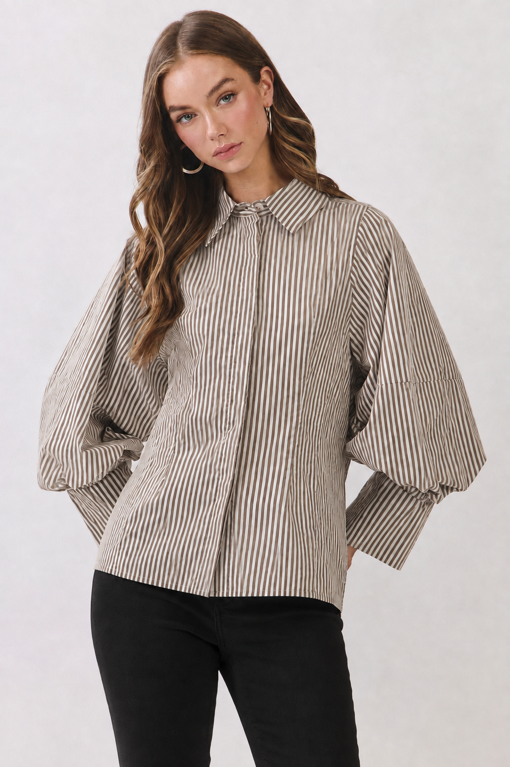 Brown Stripe Puff Sleeve Blouse